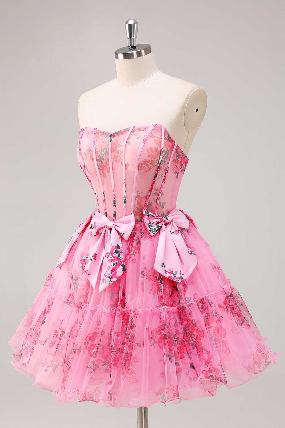 Fuchsia A-Line Floral Strapless Corset Tulle Homecoming Dress with Bows