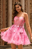 ZAPAKA Fuchsia Corset Short Floral Homecoming Dress A-Line Strapless Tulle Prom Dress with Bows