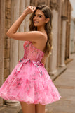 Fuchsia Corset A-Line Floral Strapless Short Homecoming Dress with Bows