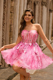 Fuchsia Corset A-Line Floral Strapless Short Homecoming Dress with Bows