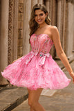 Fuchsia Corset A-Line Floral Strapless Short Homecoming Dress with Bows