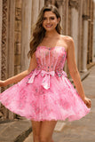 Fuchsia Corset A-Line Floral Strapless Short Homecoming Dress with Bows