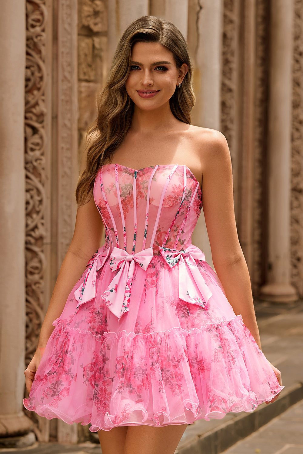 ZAPAKA Women Floral Pink Homecoming Dress Strapless Corset A-Line Tulle Short Prom Dress with Bows, Pink / US2