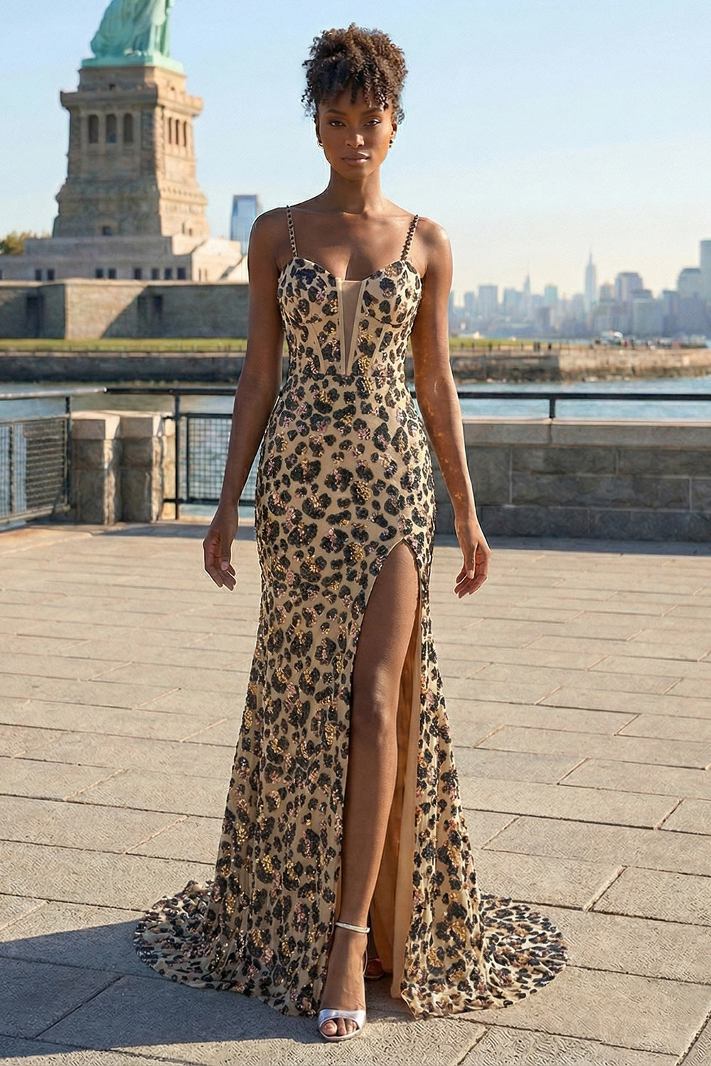 Zapakasa Women Sparkly Kahki Leopard Mermaid Long Prom Dress with Slit Sequins Spaghetti Straps Lace Up Back Holiday Party Dress Zapakasa Women Sparkly Kahki Leopard Mermaid Long Prom Dress with Slit Sequins Spaghetti Straps Lace Up Back Holiday Party Dress