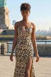 Sparkly Kahki Leopard Spaghetti Straps Mermaid Long Corset Prom Dress with Slit
