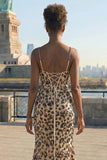 Sparkly Kahki Leopard Spaghetti Straps Mermaid Long Corset Prom Dress with Slit
