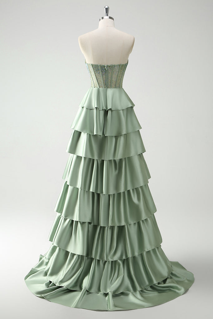 Green A Line Beaded Corset Sequin Appliqued Long Ball Dress