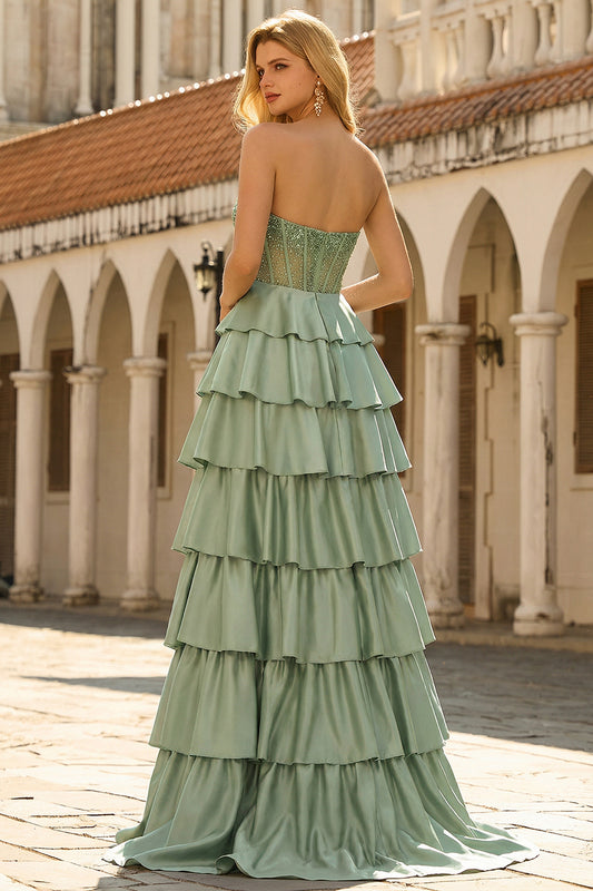 Sparkly Green A Line Tiered Ruffled Long Corset Prom Dress