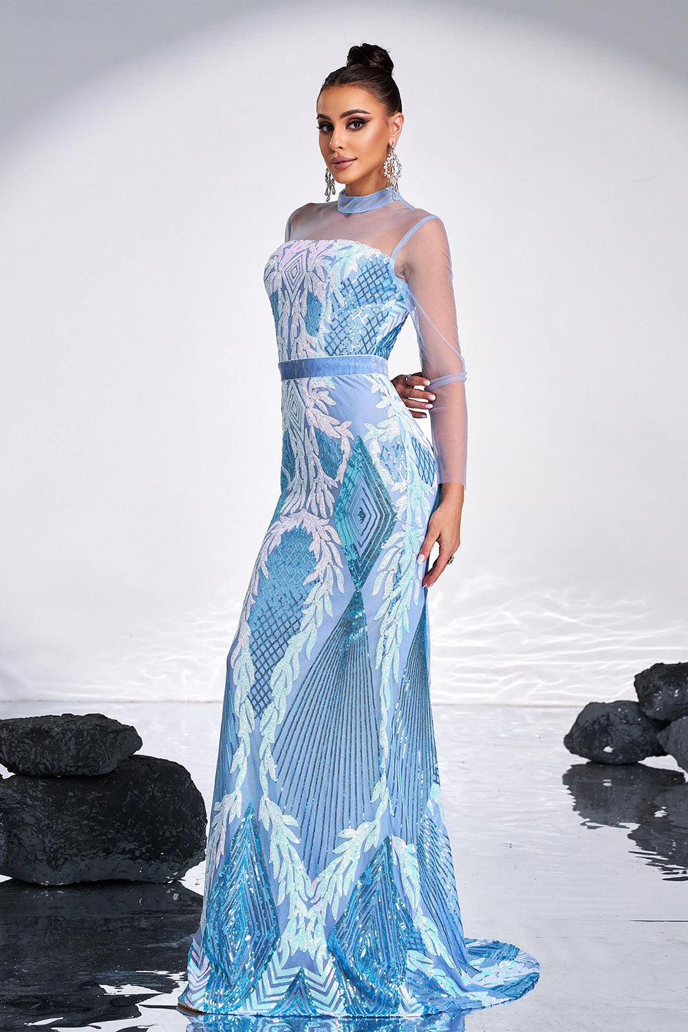 Sparkly Ligth Blue Mermaid Printed Illusion Sleeves Prom Dress