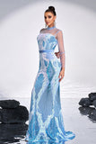 Sparkly Ligth Blue Mermaid Printed Illusion Sleeves Prom Dress