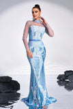Sparkly Ligth Blue Mermaid Printed Illusion Sleeves Prom Dress