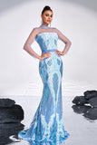 Sparkly Ligth Blue Mermaid Printed Illusion Sleeves Prom Dress