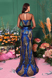 Sparkly Ligth Blue Mermaid Printed Illusion Sleeves Prom Dress