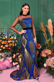 Sparkly Ligth Blue Mermaid Printed Illusion Sleeves Prom Dress