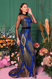 Sparkly Ligth Blue Mermaid Printed Illusion Sleeves Prom Dress