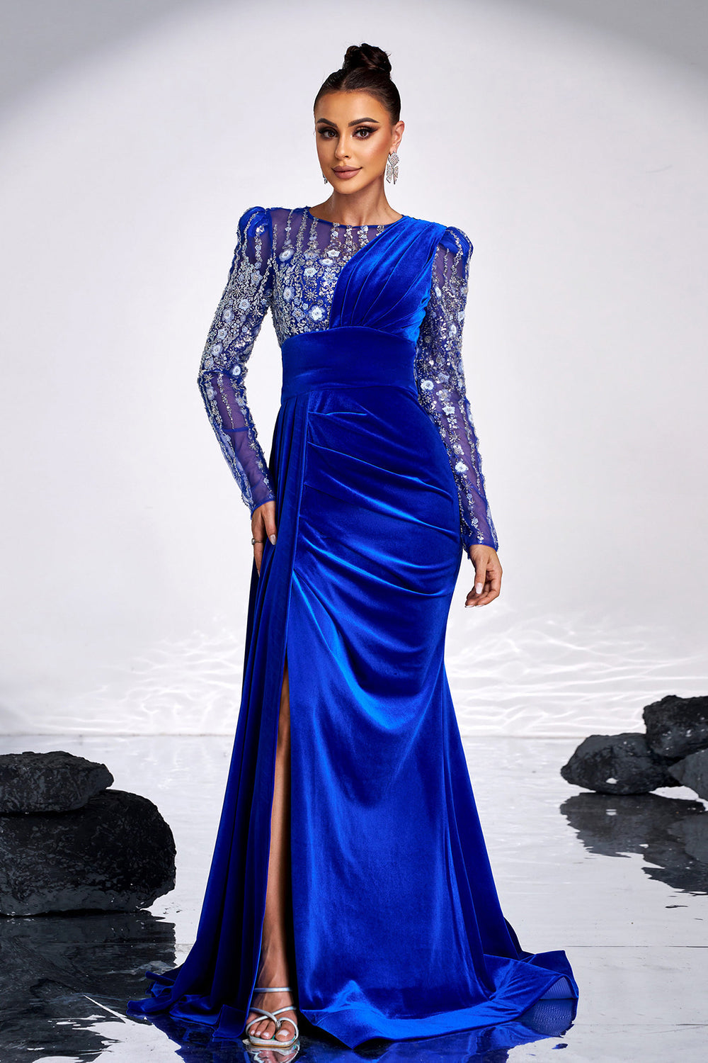Royal Blue Beaded Mermaid Velvet Prom Dress