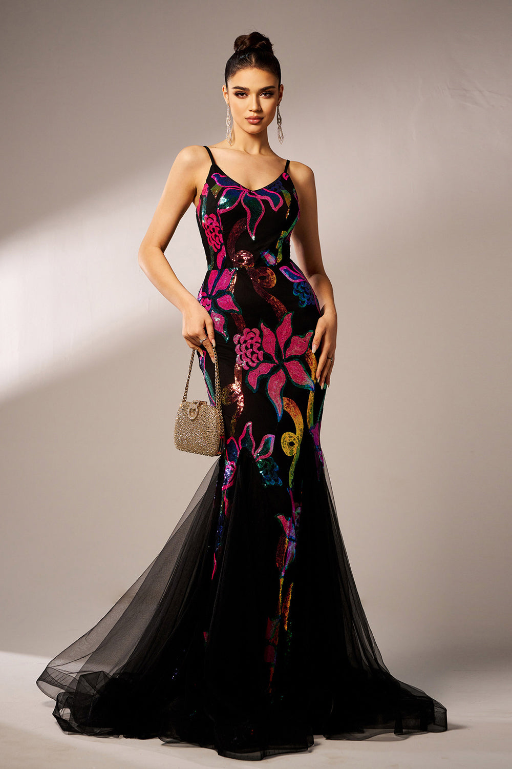 Sparkly Floral Black Mermaid Spaghetti Straps Tulle Prom Dress