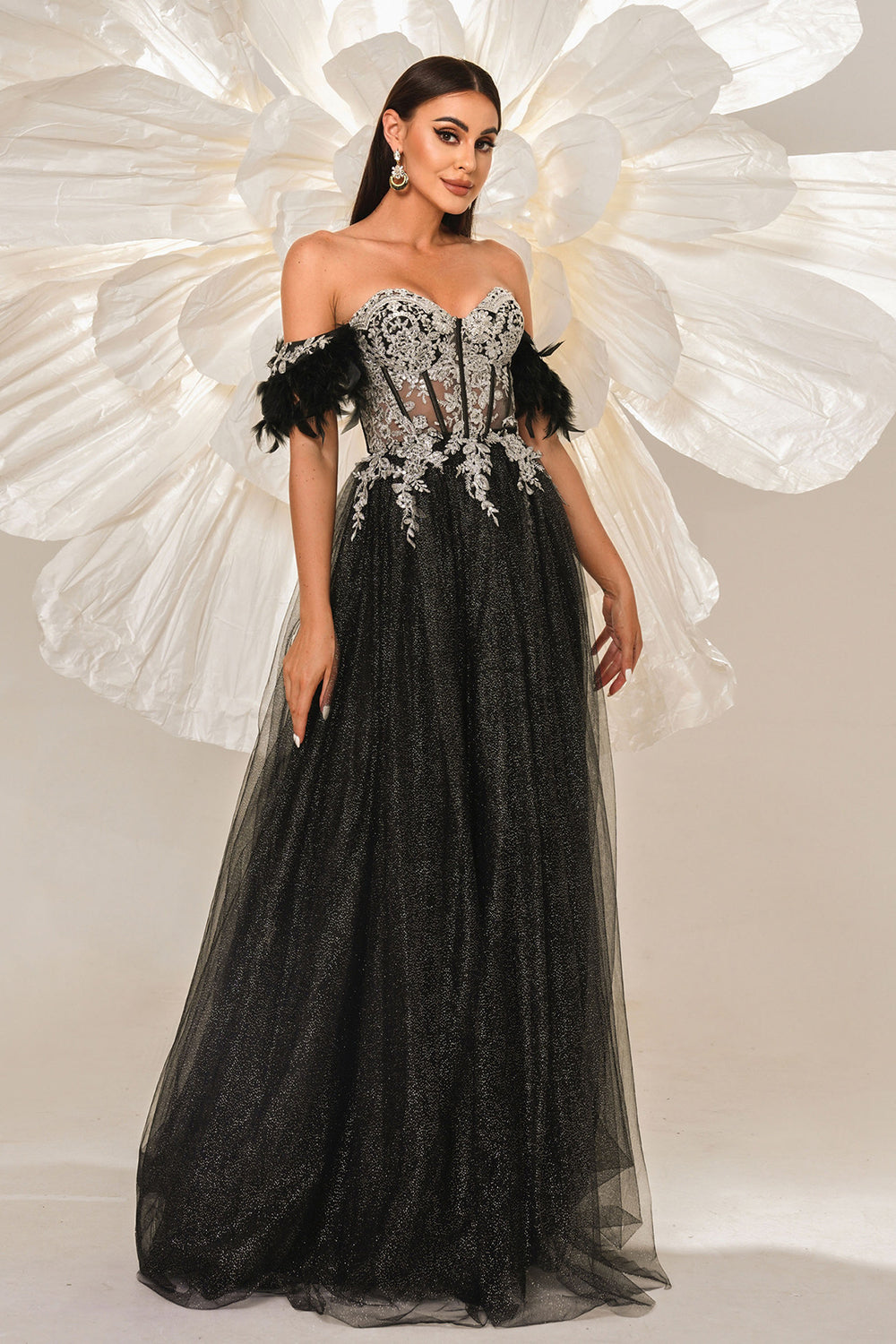 Sparkly Black Off the Shouler A-Line Tulle Long Corset Prom Dress with Feather