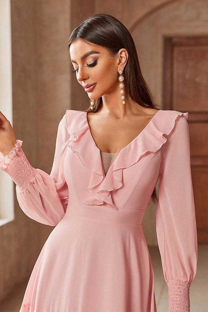 Elegant Pink Chiffon V Back Long Prom Dress main image 0
