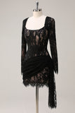 Black Sheath Corset Short Prom Dress with Long Sleeves