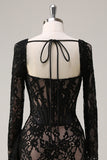Black Sheath Corset Short Prom Dress with Long Sleeves