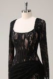 Black Sheath Corset Short Prom Dress with Long Sleeves