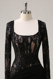 Black Sheath Corset Short Prom Dress with Long Sleeves