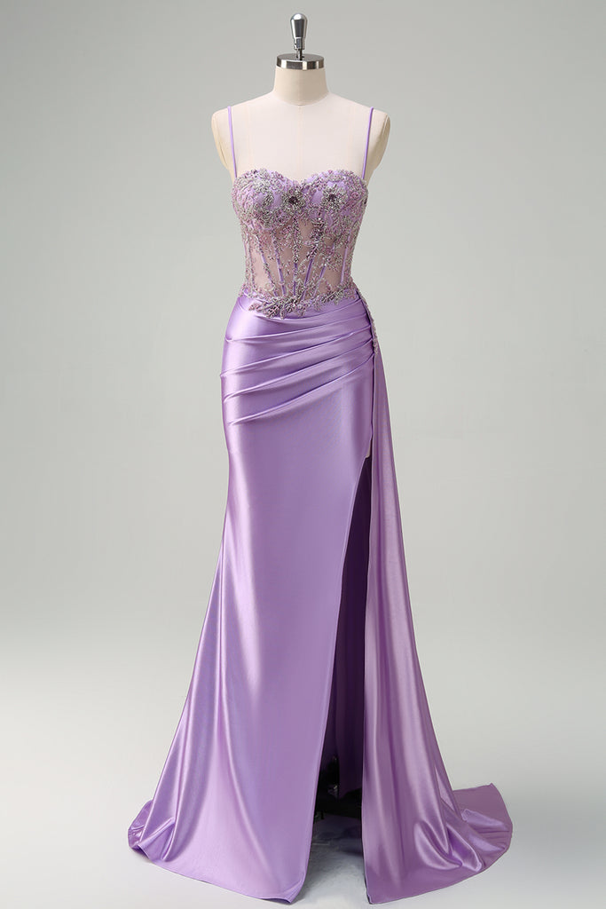 Trendy Purple Straps Sexy Slit Mermaid Prom Dress JTE667