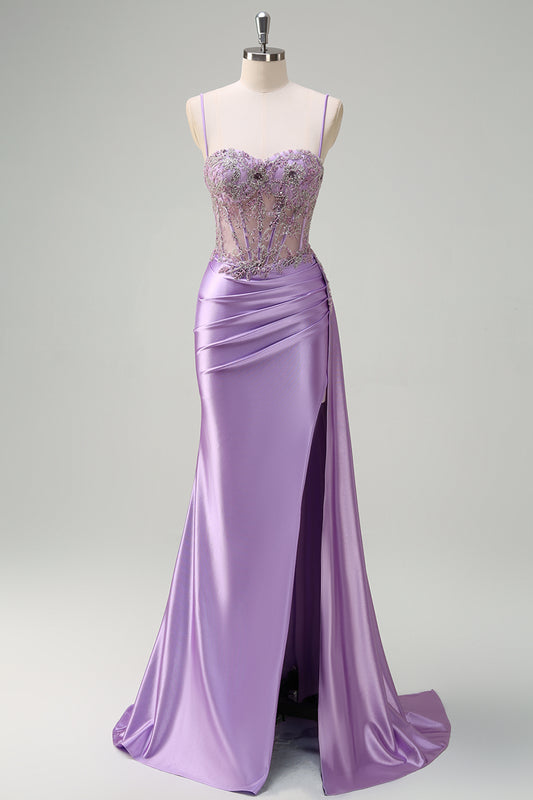 Purple Mermaid Floral Spaghetti Straps Applique Long Prom Dress with Slit