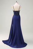 Navy Floral Beaded Mermaid Spaghetti Straps Long Prom Dress with Slit