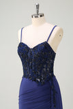 Navy Floral Beaded Mermaid Spaghetti Straps Long Prom Dress with Slit