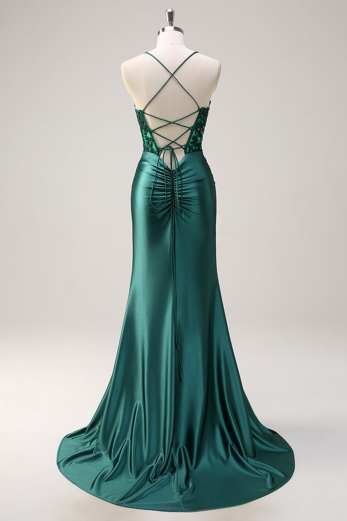 Dark Green Spaghetti Straps Ruche Long Bridesmaid Dress with Slit