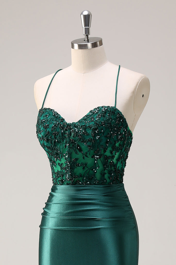Dark Green Mermaid Spaghetti Straps Open Back Ball Dress with Slit
