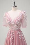 Blush Floral A-Line Appliques Long Prom Dress with Half Sleeves