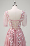 Blush Floral A-Line Appliques Long Prom Dress with Half Sleeves
