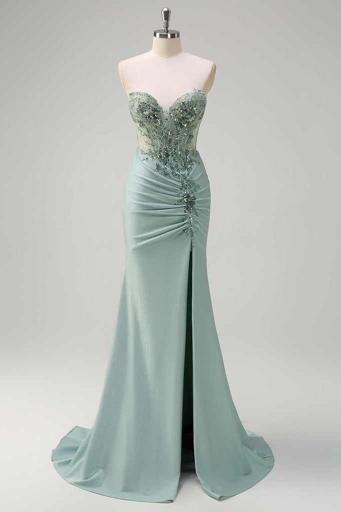 Glitter Navy Mermaid V-Neck Long Corset Prom Dress With Split main image 1