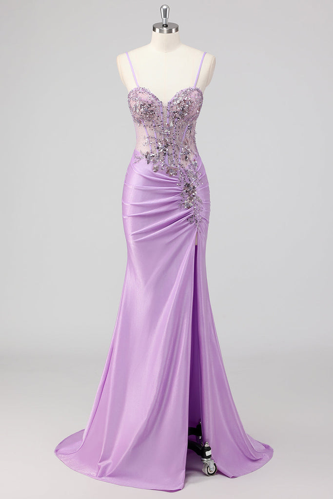 Navy Mermaid V-Neck Watteau Train Corset Beaded Prom Dress with Slit main image 0