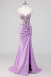 Sparkly Navy Mermaid Sequins Corset Long Prom Dress with Slit