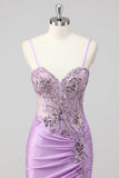 Sparkly Navy Mermaid Sequins Corset Long Prom Dress with Slit