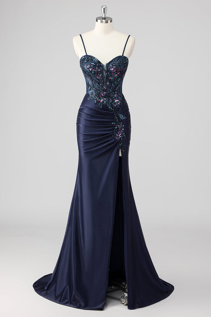 Glitter Navy Mermaid V-Neck Long Corset Prom Dress With Split main image 0