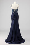 Sparkly Navy Mermaid Sequins Corset Long Prom Dress with Slit