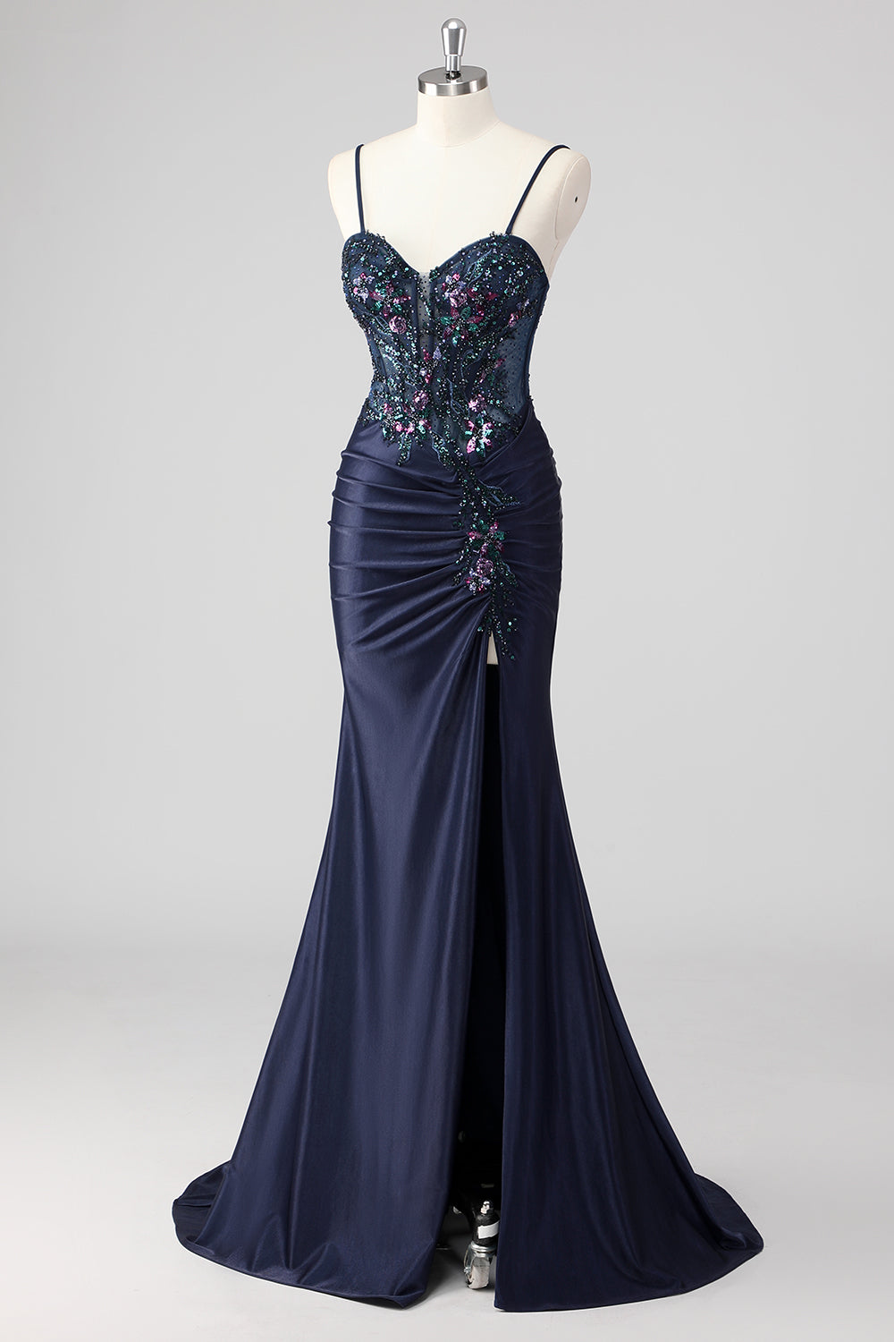 Sparkly Navy Mermaid Sequins Corset Long Prom Dress with Slit
