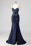Sparkly Navy Mermaid Sequins Corset Long Prom Dress with Slit