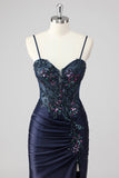 Sparkly Navy Mermaid Sequins Corset Long Prom Dress with Slit