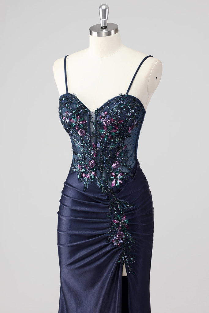 Sparkly Plum Mermaid Cold Shoulder Beaded Corset Satin Long Formal Dress with Slit main image 1