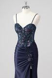 Sparkly Navy Mermaid Sequins Corset Long Prom Dress with Slit