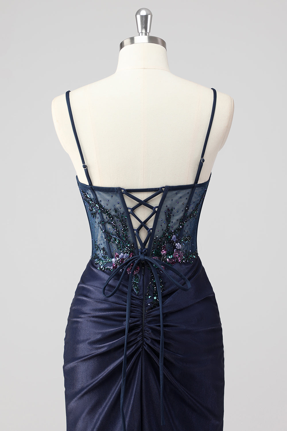 Sparkly Navy Mermaid Sequins Corset Long Prom Dress with Slit