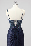 Sparkly Navy Mermaid Sequins Corset Long Prom Dress with Slit