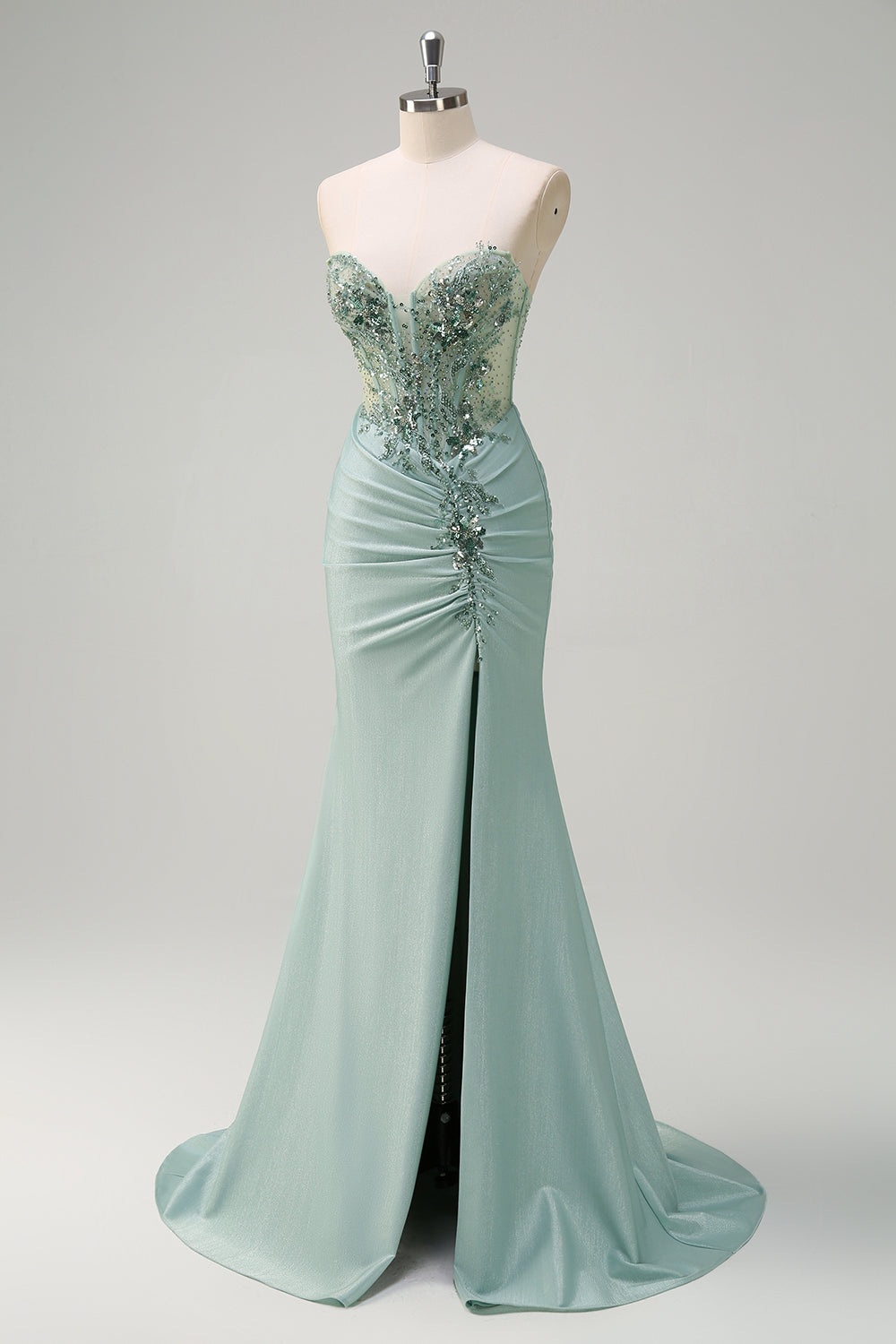 Sparkly Navy Mermaid Sequins Corset Long Prom Dress with Slit