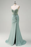 Sparkly Navy Mermaid Sequins Corset Long Prom Dress with Slit